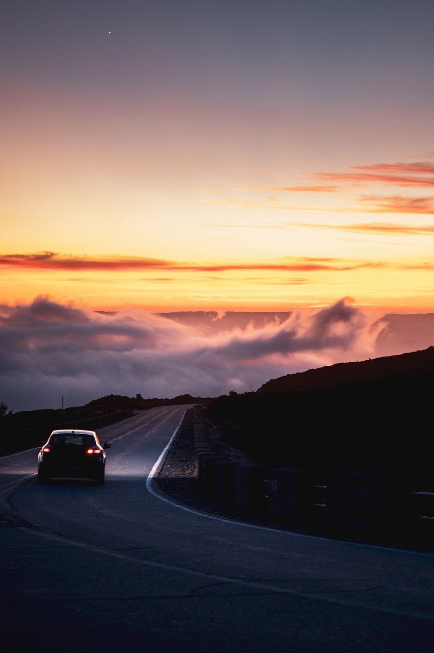 alps, road, sunset